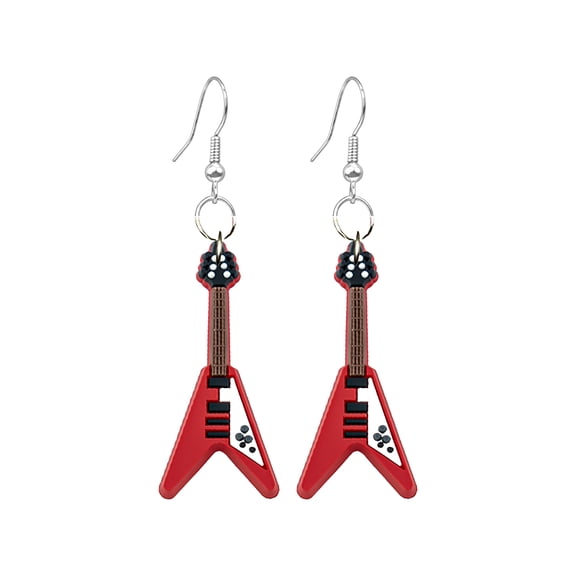 Flying V Guitar Dangle Earrings, Red Electric Guitar Charm Earrings, Music Lover Jewelry