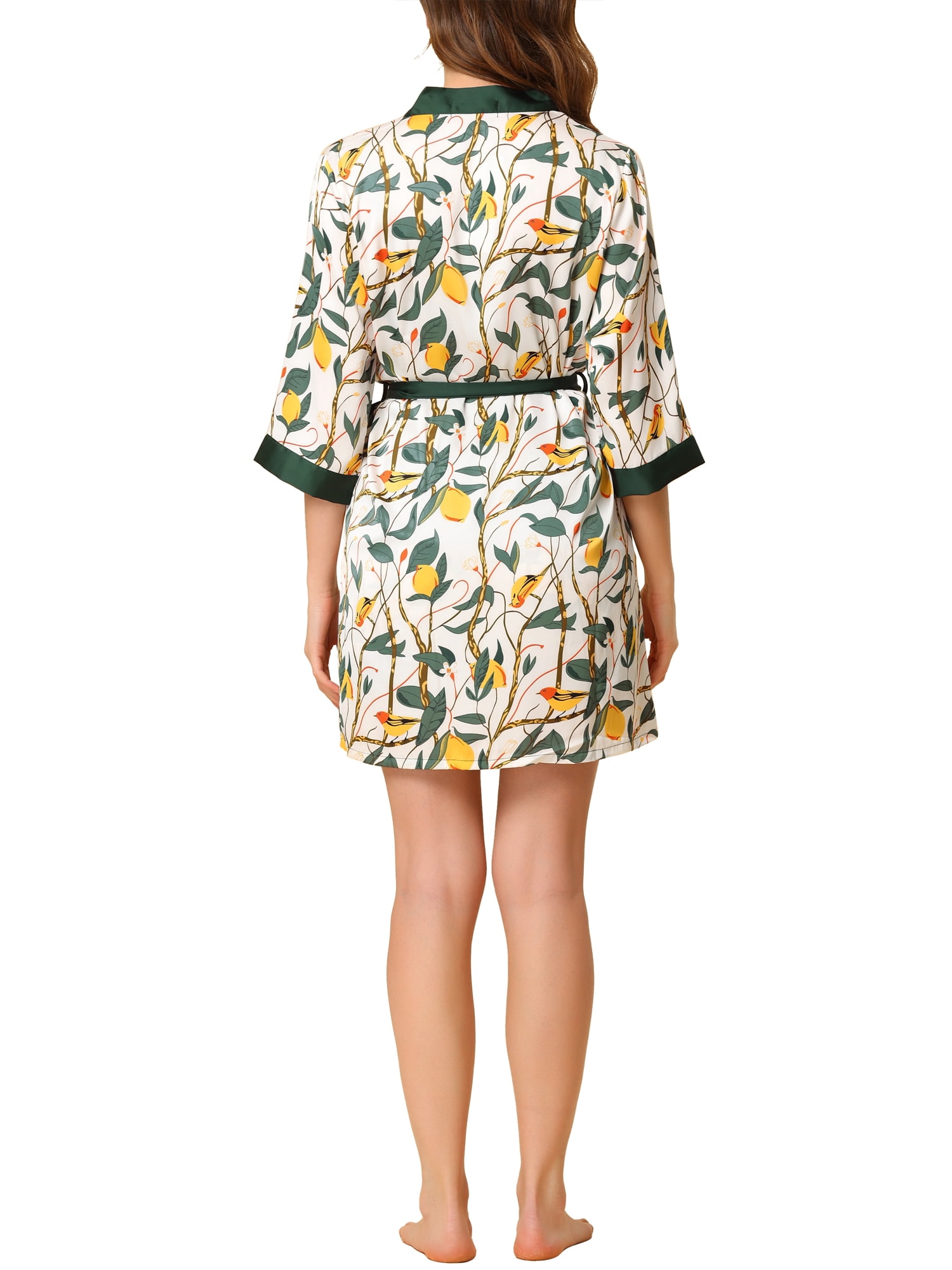 Unique Bargains Women's 4pcs Pajama Set Silk Cami Top Nightdress Robe Floral Satin Sets XS Green