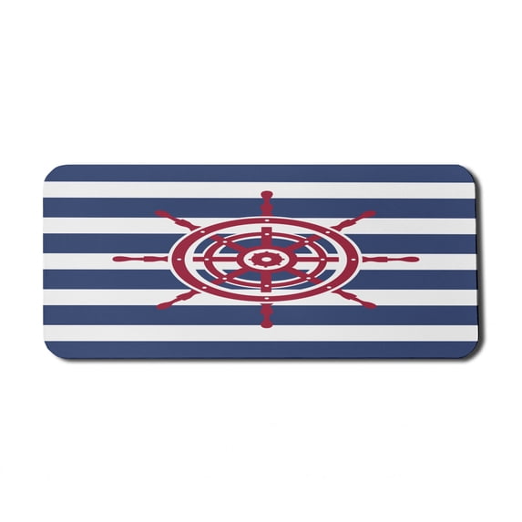 Ships Wheel Computer Mouse Pad, Illustration of Ship Steering Wheel on a Stripped Background Artwok, Rectangle Non-Slip Rubber Mousepad X-Large, 35" x 15" Gaming Size, Navy Blue Red, by Ambesonne
