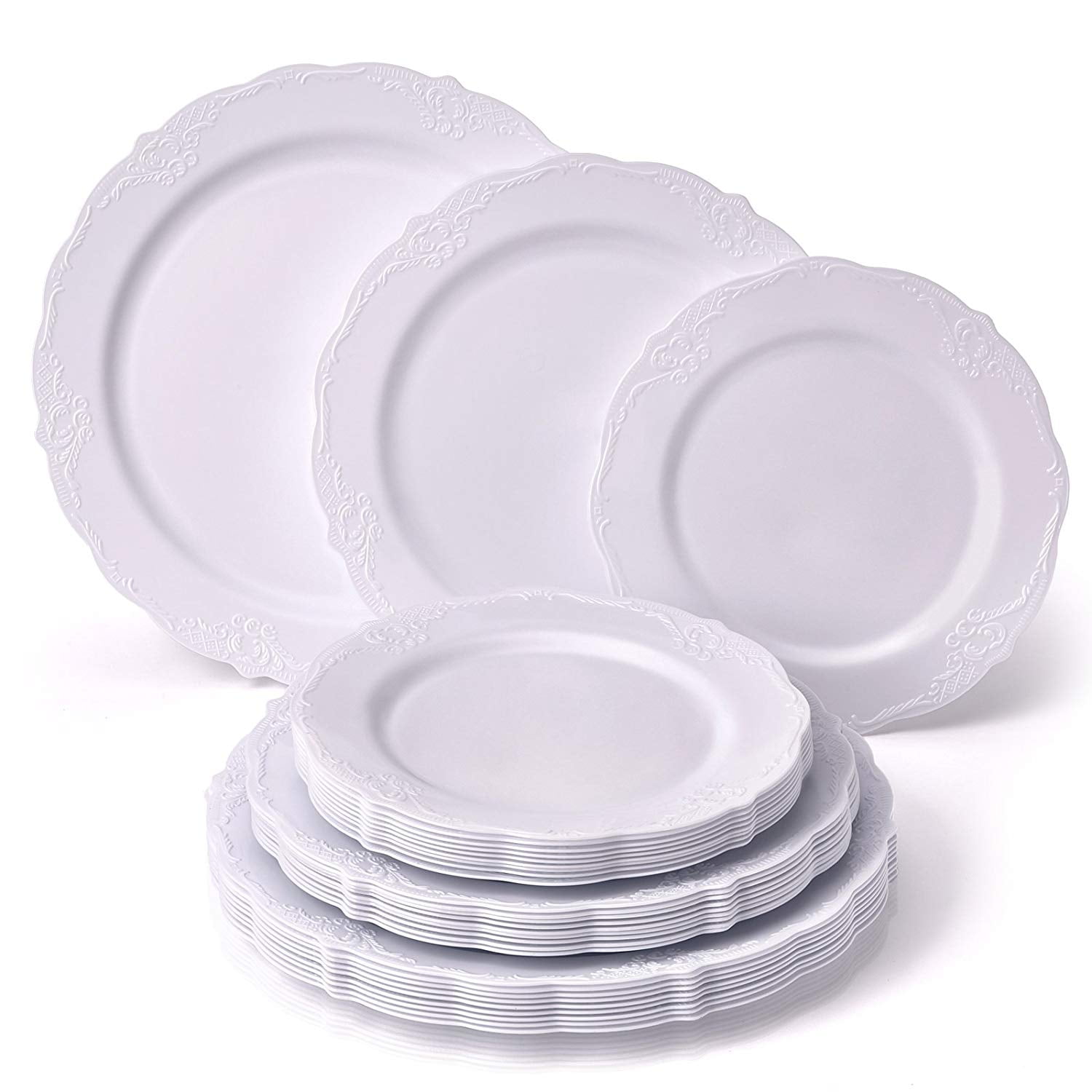 Party Disposable 20 pc Dinnerware Set Heavyweight Plastic Dishes 20 Dessert Plates for Upscale Wedding and Dining Elegant Fine China Look Vintage Collection – Cream | 7.5 Inch