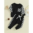 thumbnail image 3 of BblyThe 0-3T Toddler Baby Boys Fall Outfits Checkerboard Patchwork Long Sleeve Sweatshirts and Elastic Waist Pants Outfits, 3 of 9