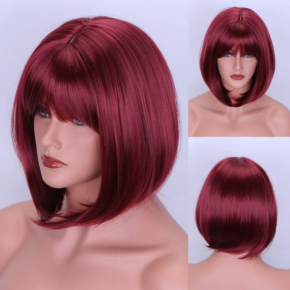 XmhyTop Shoulder-Length Straight Bob Wigs with Air Bangs, Honey Brown Natural-Looking Style , Premium Heat-Resistant Fiber, Women's Fashion Wigs，Wine Red