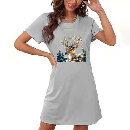 Sakmal Oversized Womens Nightgown Lightweight Christmas Gray Comfy Sleep Dress Short Reindeer Print Crew Neck Short Sleeve Nightgowns S-2XL