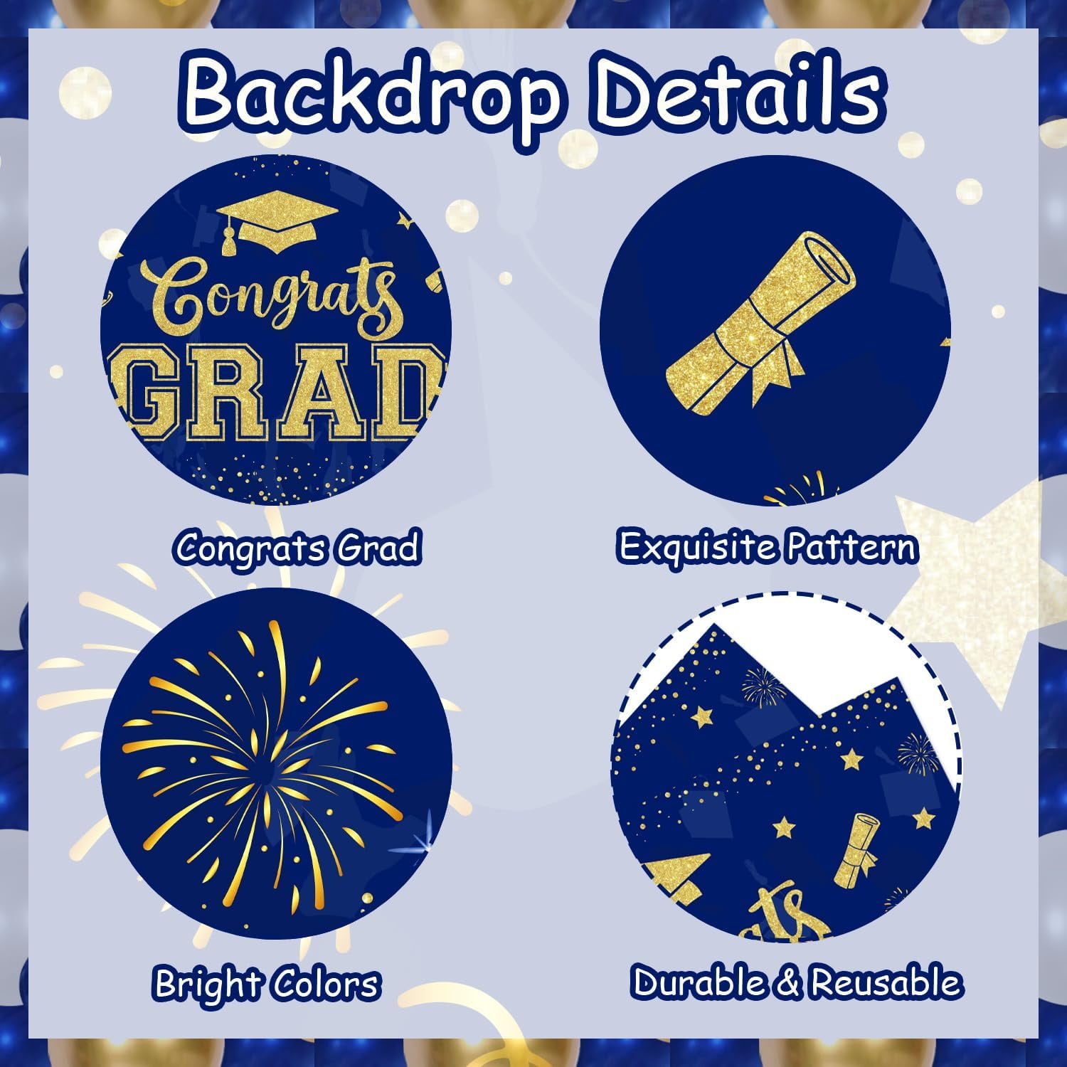 5*3ft 2024 Golden Deep Blue Congrats Grad Graduation Backdrop Glitter Printed Bachelor Cap Photography Background Cloth Confetti Fireworks Little Star Printed Banner for Grad Congrats Prom Party Decor