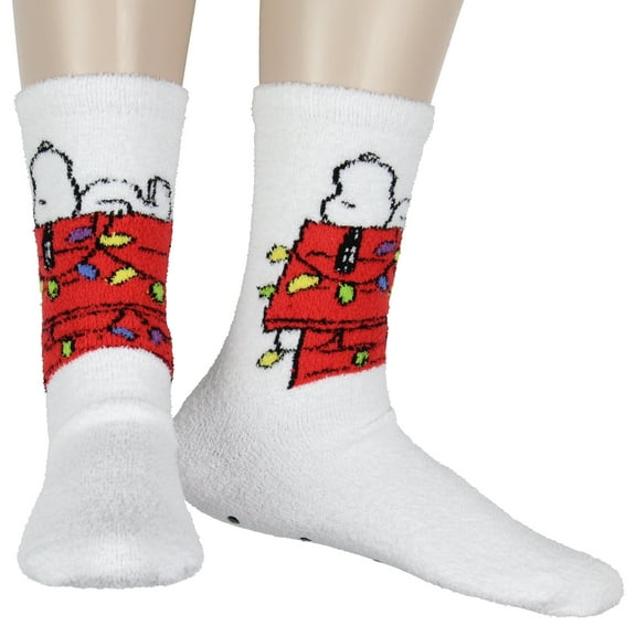Peanuts Snoopy and Red Dog House Festive Holiday Christmas Lights Adult Fuzzy Fleece Gripper Slipper Socks OSFM