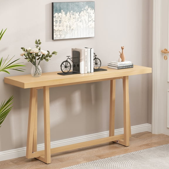 60" Natural Wood Grain Console Table, Rectangle Entryway Table with Magnesium Oxide Top, Heavy Duty Sofa Table for Indoor & Outdoor Patio, 220 lbs Capacity