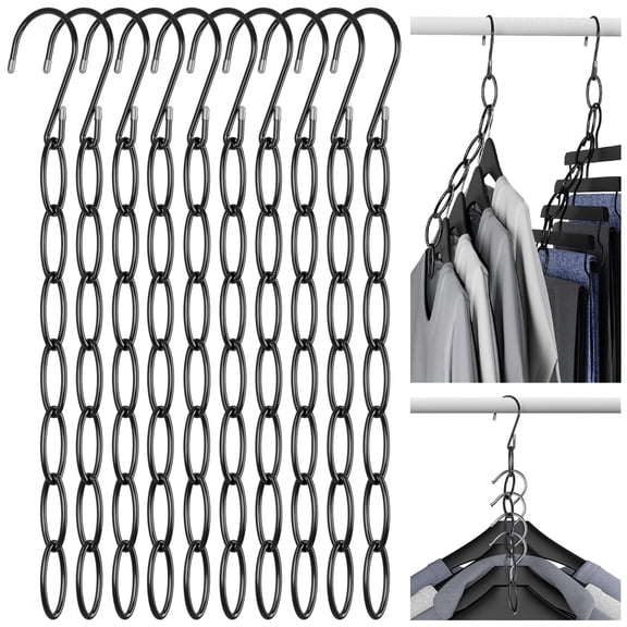 NiHome Clothing Chain Hangers 10-Pack for Home, Office & Travel, Metal Closet Organizer Space Saving Hangers with Safety Cap for All Garment Types, Wrinkle-Reducing 7-Loop Retractable Design (Black)