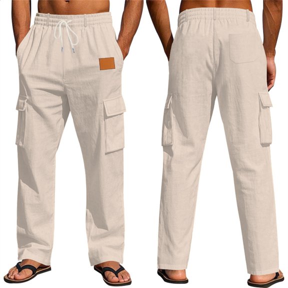 Mens Loose Fit Linen Pants - Summer Lightweight Elastic Drawstring Waist Casual Cargo Trousers with Pockets Brown S