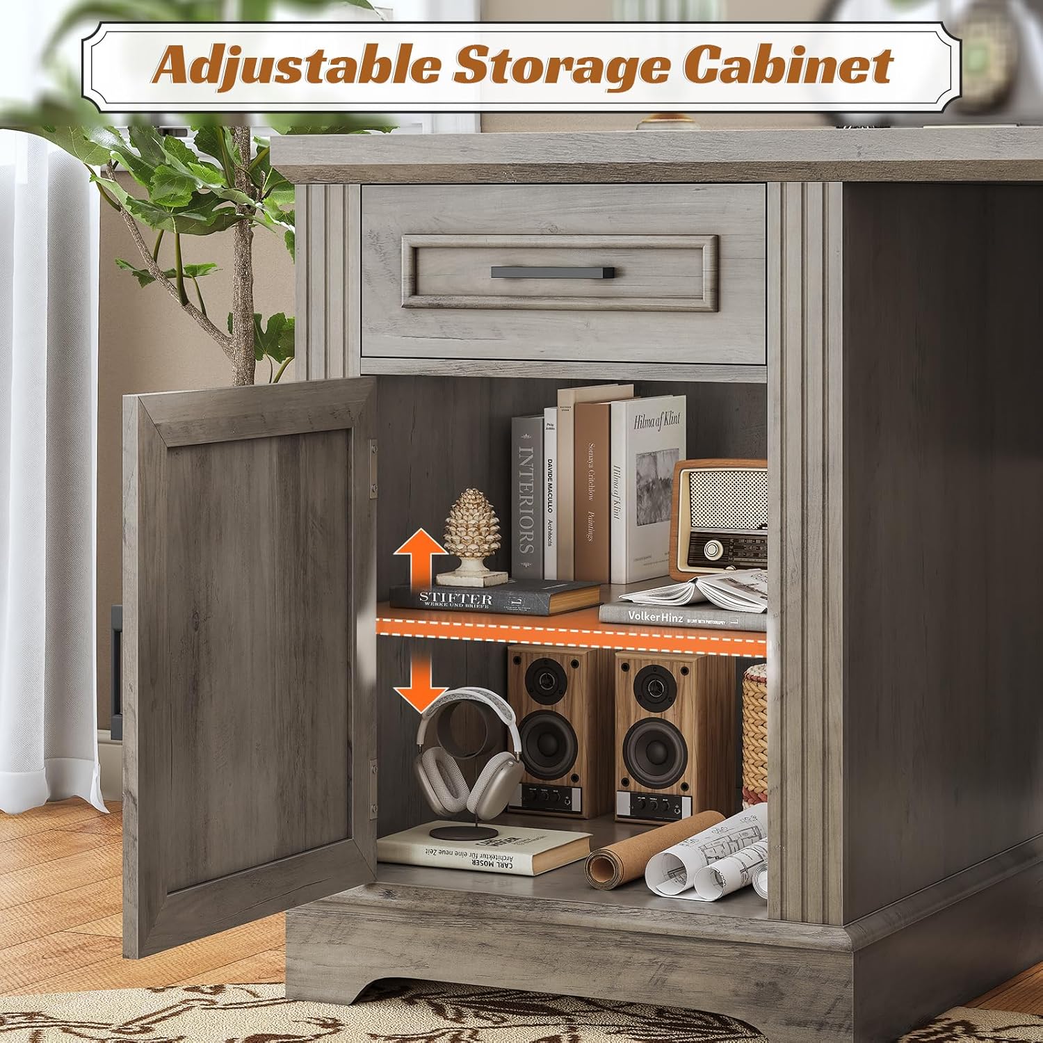 L Shaped Office Desk with Large Workspace & Charging Station, Computer Desk with 4 Drawers & Cabinet, Oak Gray