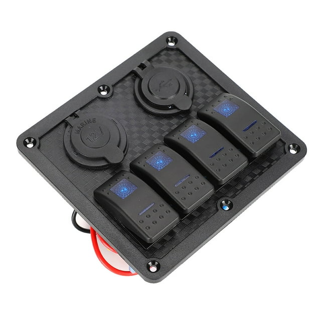 4 Gang Rocker Switch Panel ON/Off Pre Wired Rocker Switch Qiilu 12V 24V 4 Gang Rocker Switch Panel IP65 Waterproof With Lighter Socket 2 USB For Car Boat