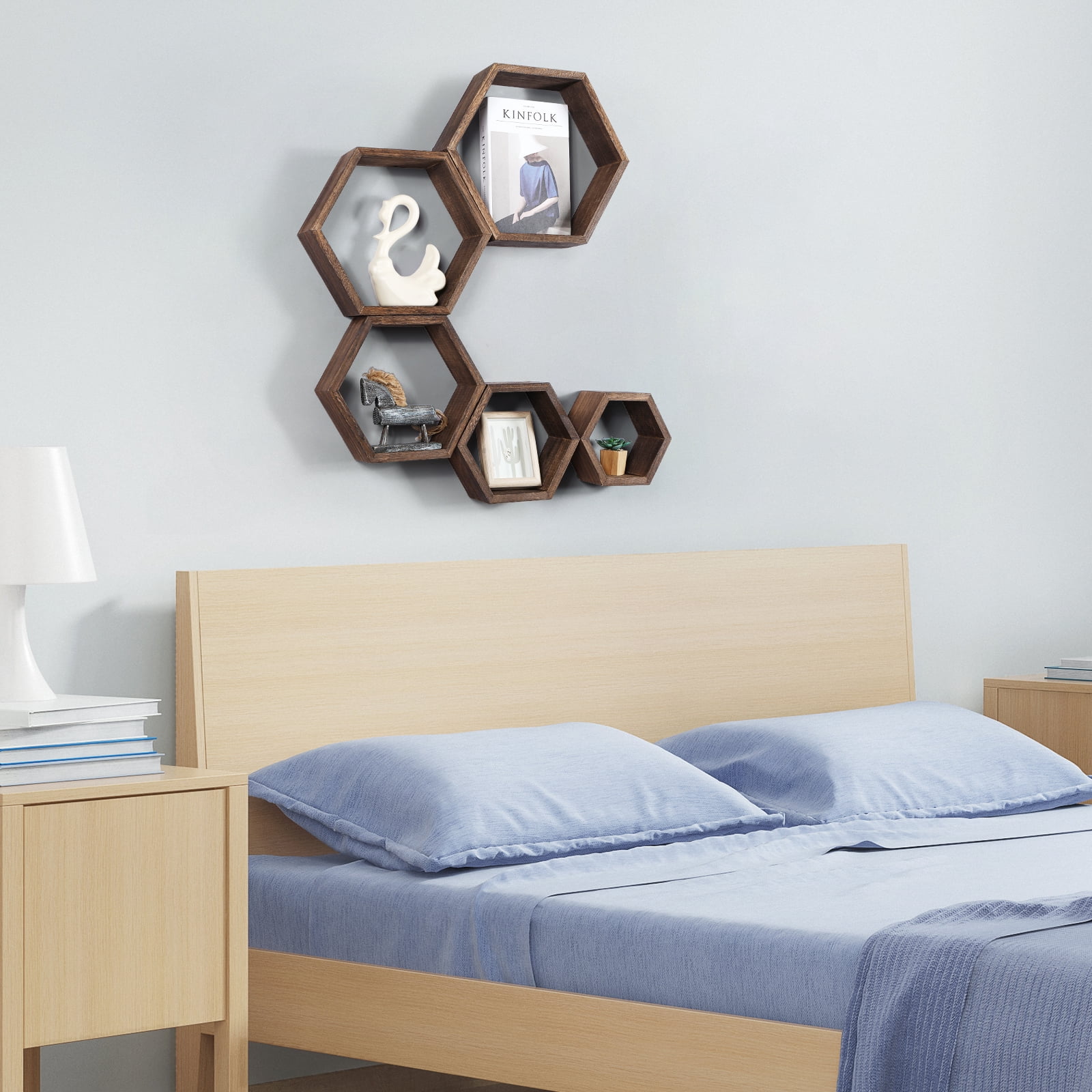 Hexagon Floating Shelves 5 Different Sizes Honeycomb Shelves for Wall, Brown