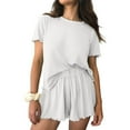thumbnail image 2 of felwors Womens Pajamas 2 Piece Ribbed Knit Pjs Short Sleeve Sleepwear Set Summer Soft Pajamas Set Casual Lounge Sets White, L, 2 of 5