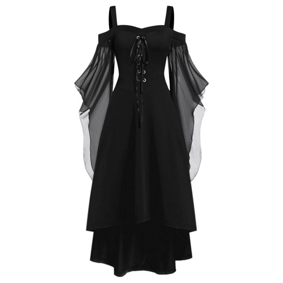 Cocktail Dresses For Women Plus Size Fashion Gothic Style Vintage Midi Dress Croset Long Flare Sleeve A Line Party Dress Cosplay Black S