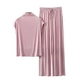 thumbnail image 2 of Weiqiqre Silk Pajamas for Women Ribbed Short Sleeve Tops Wide Leg Pants Comfy Pjs 2 Piece Lounge Sets Cute Outfits, 2 of 3
