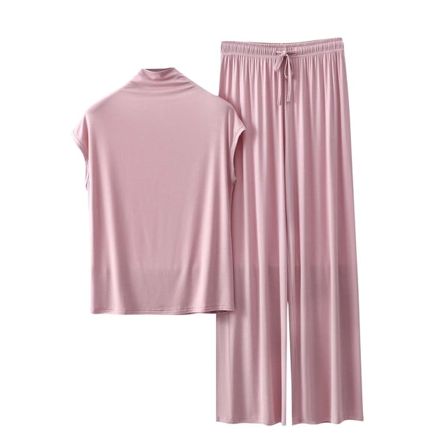 Timegard Ensembles de Pyjamas pour Femmes 2 Pcs Demi-Nuque Manches Courtes Tee Pantalon Large Tenues de Détente