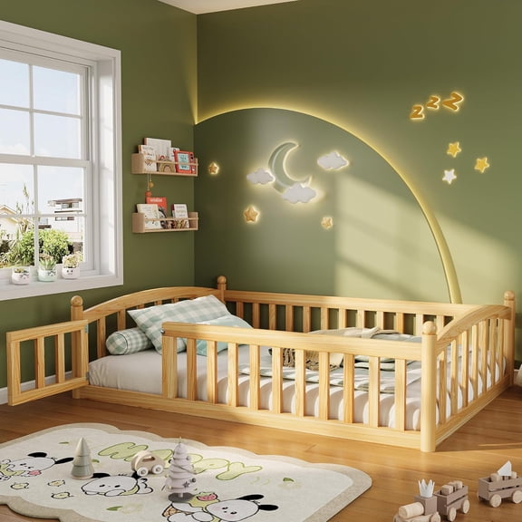 iPormis Full Size Floor Bed with Bookcase and Storage Shelves, Montessori Bed Frame with High Safety Rails, Without Slats, Natural