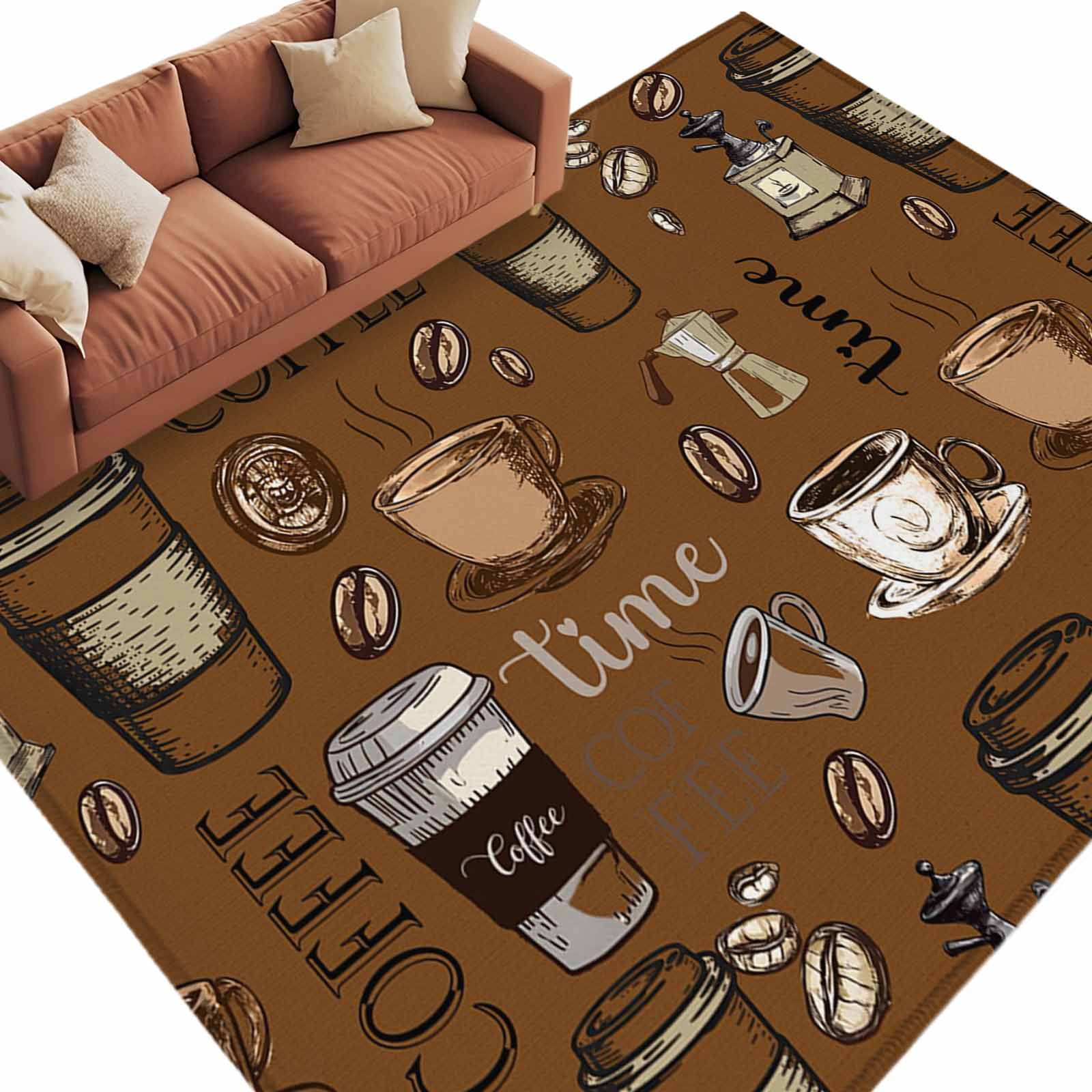 5'x8' Area Rugs, Coffee Theme Indoor Outdoor Area Rug for Living Room Bedroom, Funny Brown Vintage Beans Latte Tea Cup Washable Bathroom Rugs Kitchen Floor Carpet Mats Home Decor Aesthetic