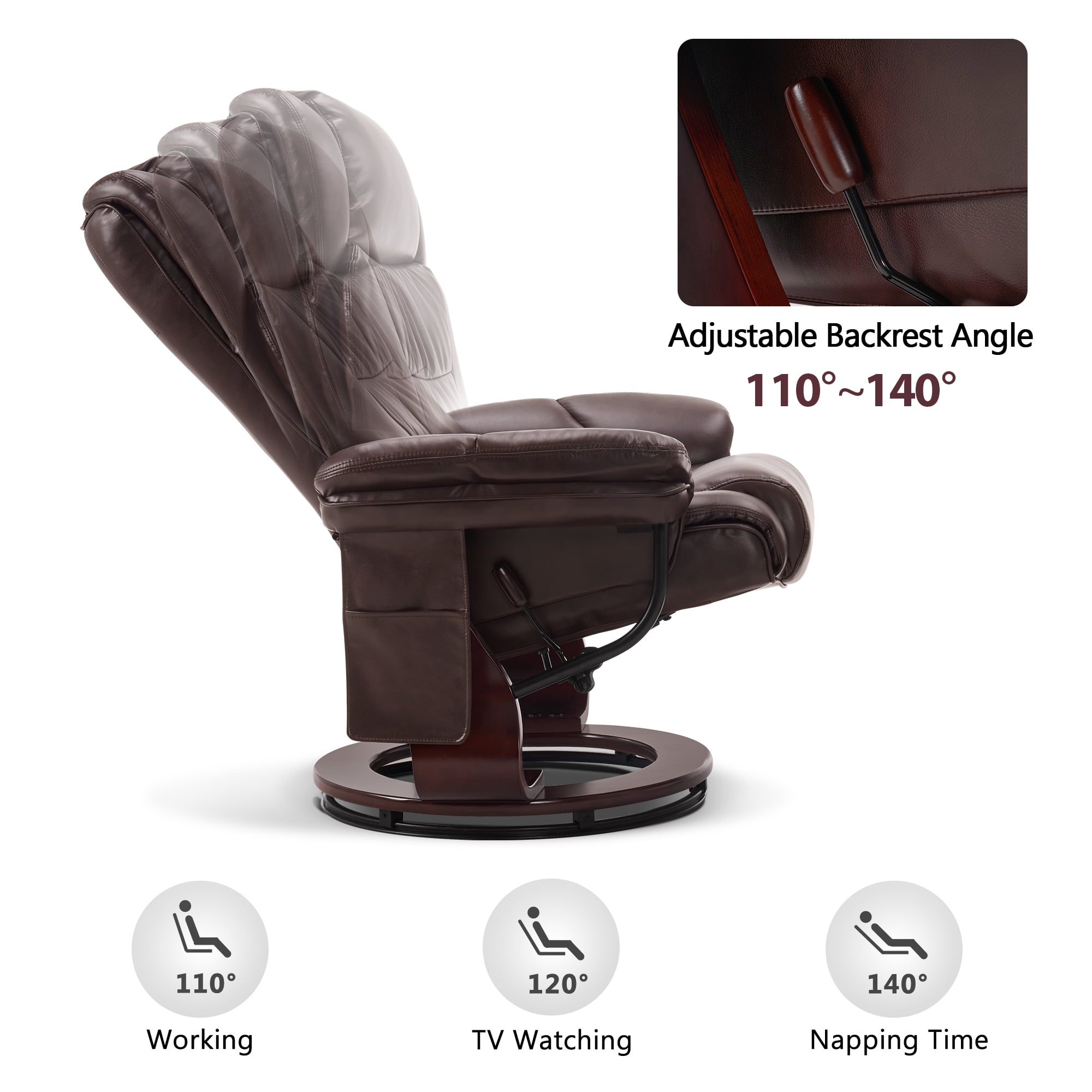 Mcombo Recliner with Ottoman Reclining Chair with Vibration Massage and Lumbar Pillow, 360 Degree Swivel Wood Base, Faux Leather 9068