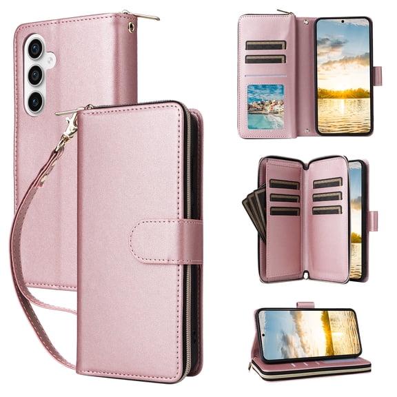 for Samsung Galaxy S23 FE Crossbody Wallet Case with Card Holders Zipper Pocket for Women Girls, Protective PU Leather Cover with Shoulder Strap & Hand Strap for Samsung Galaxy S23 FE, Rosegold