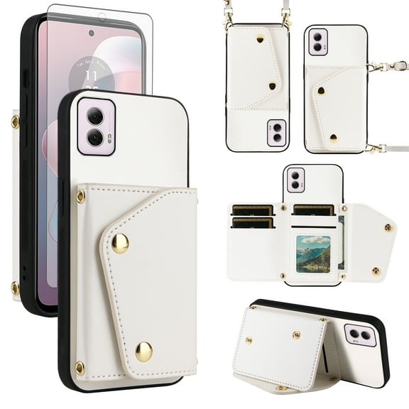 Furiet Wallet Case for Motorola Moto G Power 5G 2024 with Tempered Glass Screen Protector Slim Flip Purse Shoulder Strap, Luxury PU Leather Card Holder Stand Phone Cover for G5 Women Men White