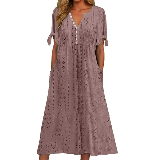 Vestido largo liso con cuello en V, encaje recortado y volantes para mujer - Poliéster spandex, diseño sexy y elegante, adecuado para fiestas/vacaciones
