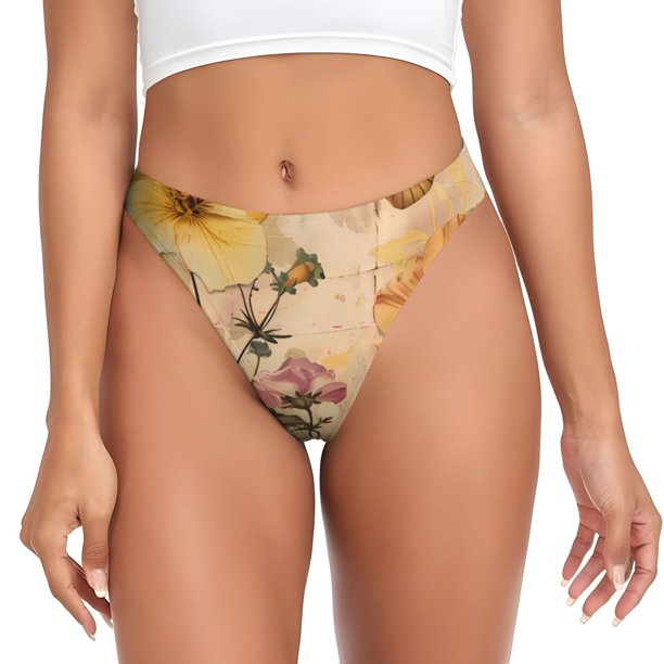 Balery Vintage Floral Butterfly Collage Tangas de Algodón para Mujer con Estampado – Ropa Interior Sexy, Transpirable, G-string-Large