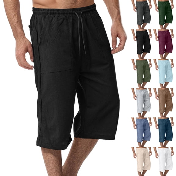 3/4 Linen Capri Pants for Men Loose Fit Elastic Drawstring Waist Cropped Trousers with Side Pockets Breathable Lightweight Summer Casual Beach Yoga Workout Bottoms, #03 Black, M