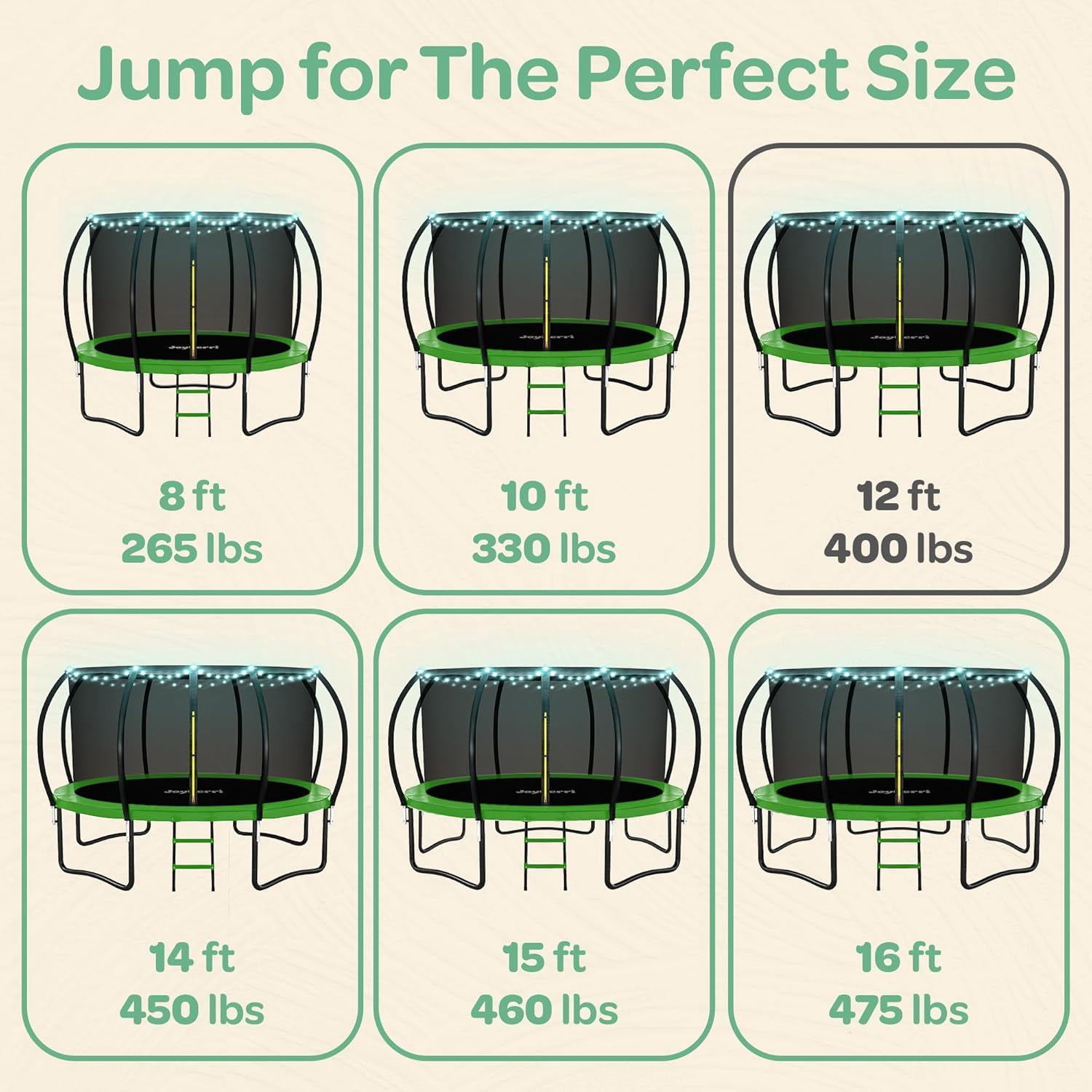 JoyBerri Trampoline Outdoor – 12Ft Recreational Trampoline with Enclosure Net, Ladder, LED Lights & Sprinkler – ASTM Certified Safe - Green