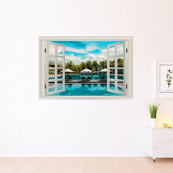 VWAQ - Vacation Wall Decal 3D Window View Office Nature Sticker Poolside Home Decor - NWT38