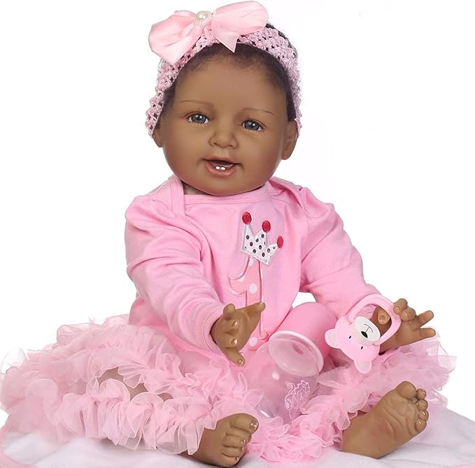 iCradle Finished 22 Inch 55cm Black Reborn Baby Doll Girl African American Realistic Reborn Toddler Dolls Lifelike Newborn Soft Cloth Body with Brown Eyes Babies Doll Gift Toy for Kids 3+