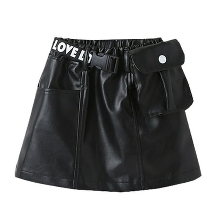 EnJoCho Kids Toddler Child Baby Girls Patchwork PU Leather Skirt Outfit PU Leather Short Skirt for Kids Girls Toddler Fall Mini Skirt Child Fashion Skirt with Waist Bag