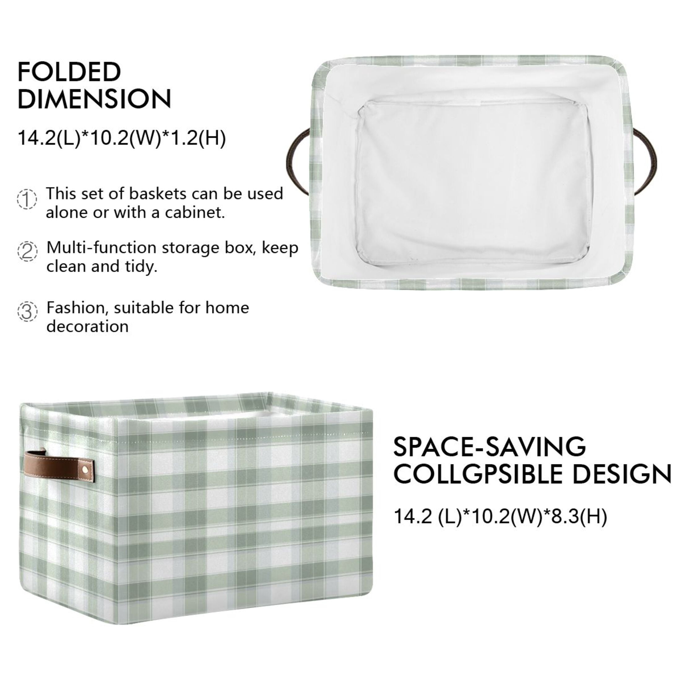 Gray and Green Plaid Foldable Storage Basket,Canvas Fabric Foldable Storage Bins with Handles Open Home Storage Bins Boxes for Toy Book Shelf Closet Baskets