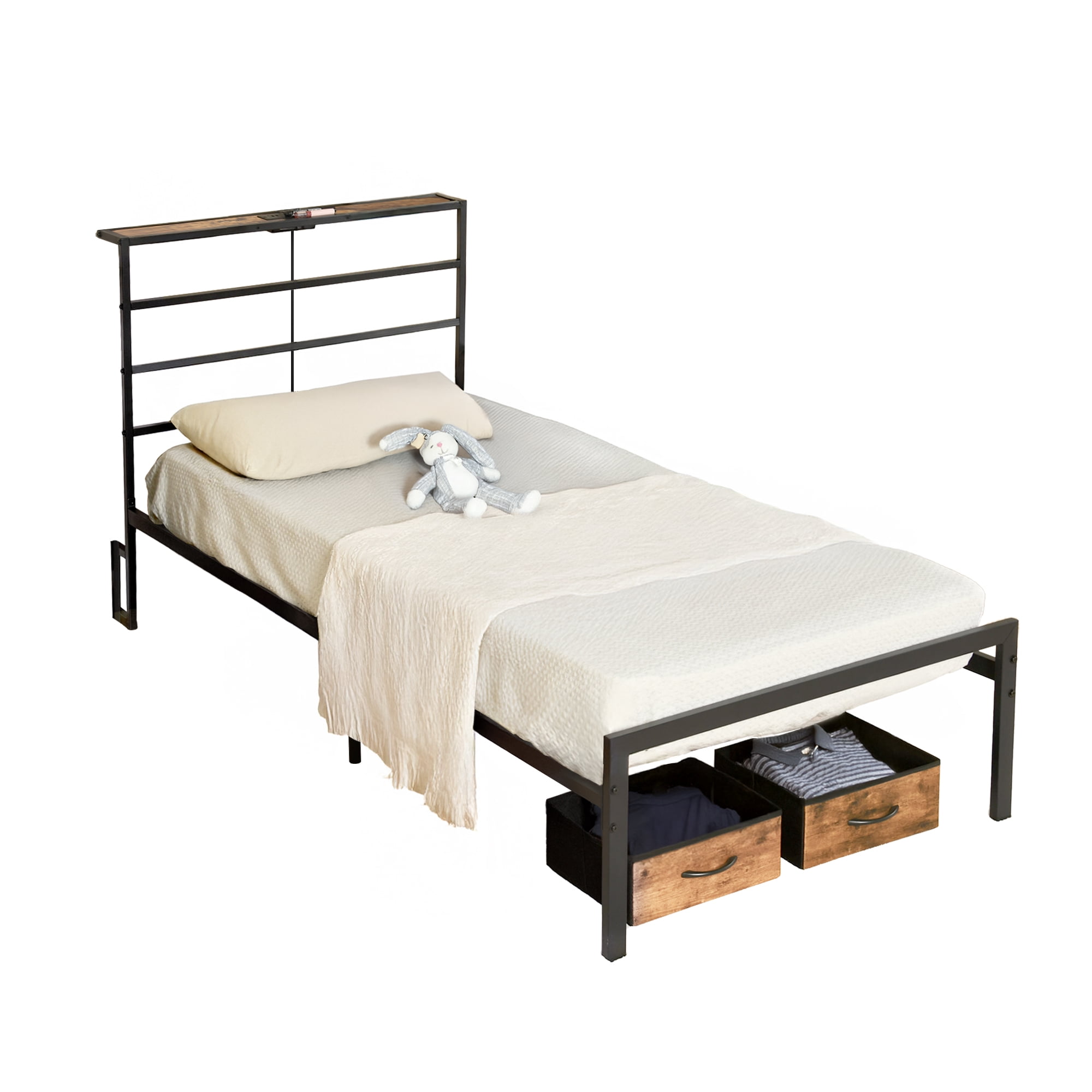 Homy Casa Twin Size Metal Bed Frame with Headboard, Built-in Power Outlet, Sturdy Support for Single Beds, Black