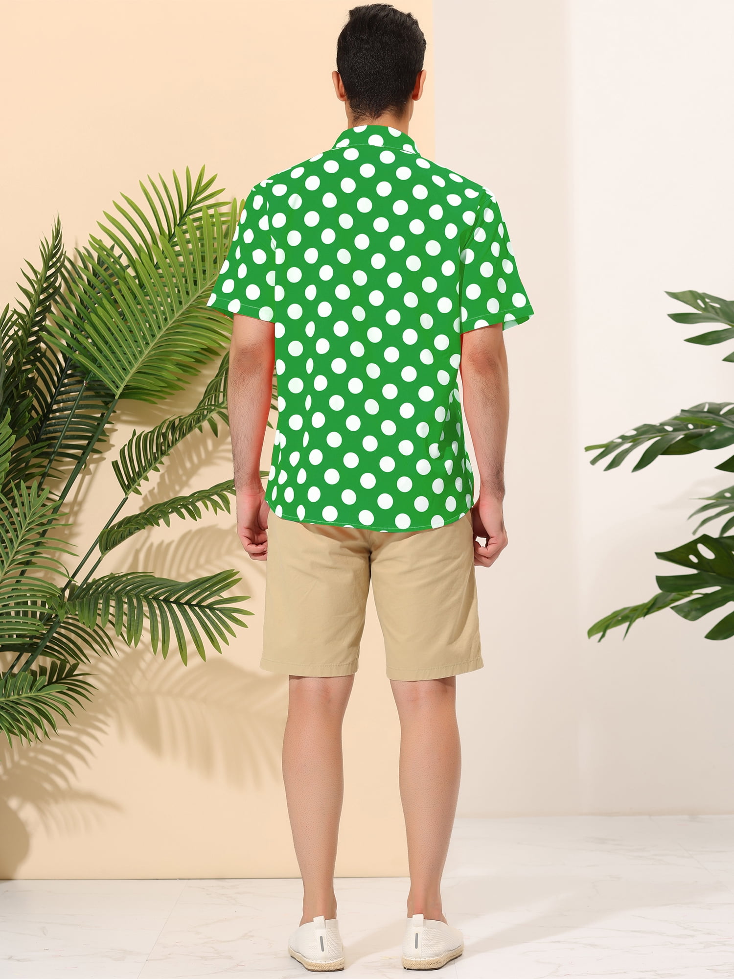 Unique Bargains Men's Summer Polka Dots Shirt Button Down Short Sleeves Shirts 2XL Green