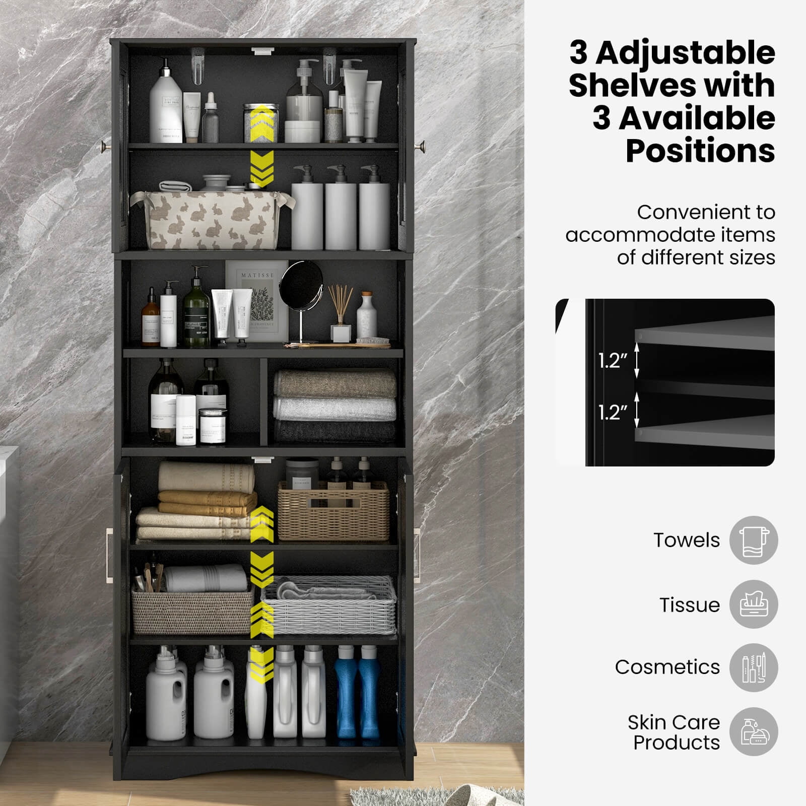 Costway Tall Bathroom Cabinet Large Floor Storage Cabinet with Acrylic Doors & 3 Cubes Black