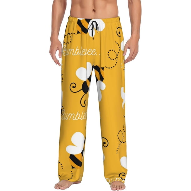 Fotbe Cute Bee Butterfly Yelllow Pantalones de Pijama para Hombre, Pantalones de Dormir, Pantalones de Casa con Cintura Ajustable y Bolsillos-Medium