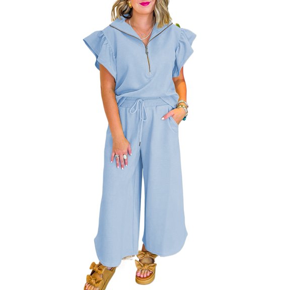 Women's Beau Blue Textured Ruffled Sleeve Zipped Top and Wide Leg Pants Set | [ZhiHiMeRi] | (US 12-14)L