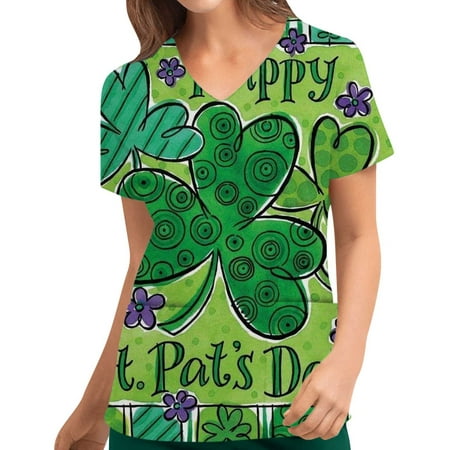 

Zeceouar St. Patrick s Day Scrubs for Women Womens St. Patrick s Day Medical Scrubs Tops Nursing Uniform Short Sleeve V Neck Professional Working Uniform Pockets Blouse on Clearance