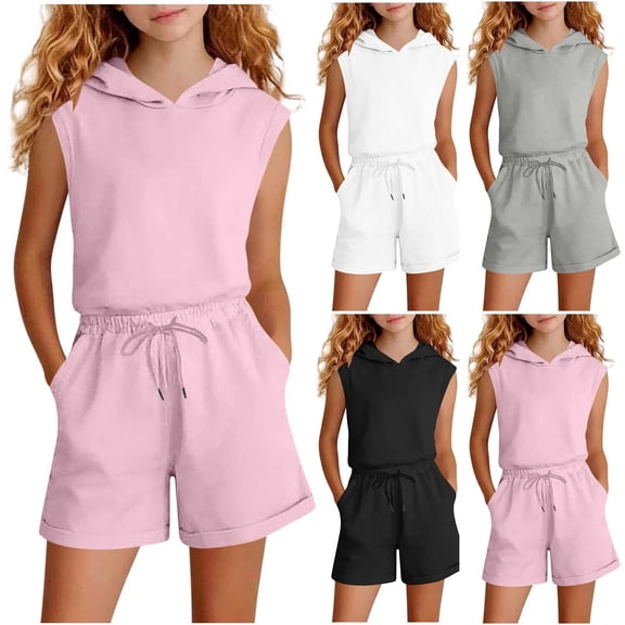 SGFCWSX Girls 2 Piece Outfits Hooded Sleeveless Top and Shorts Set Summer Casual Athletic Clothes with Pockets Pink Size 12