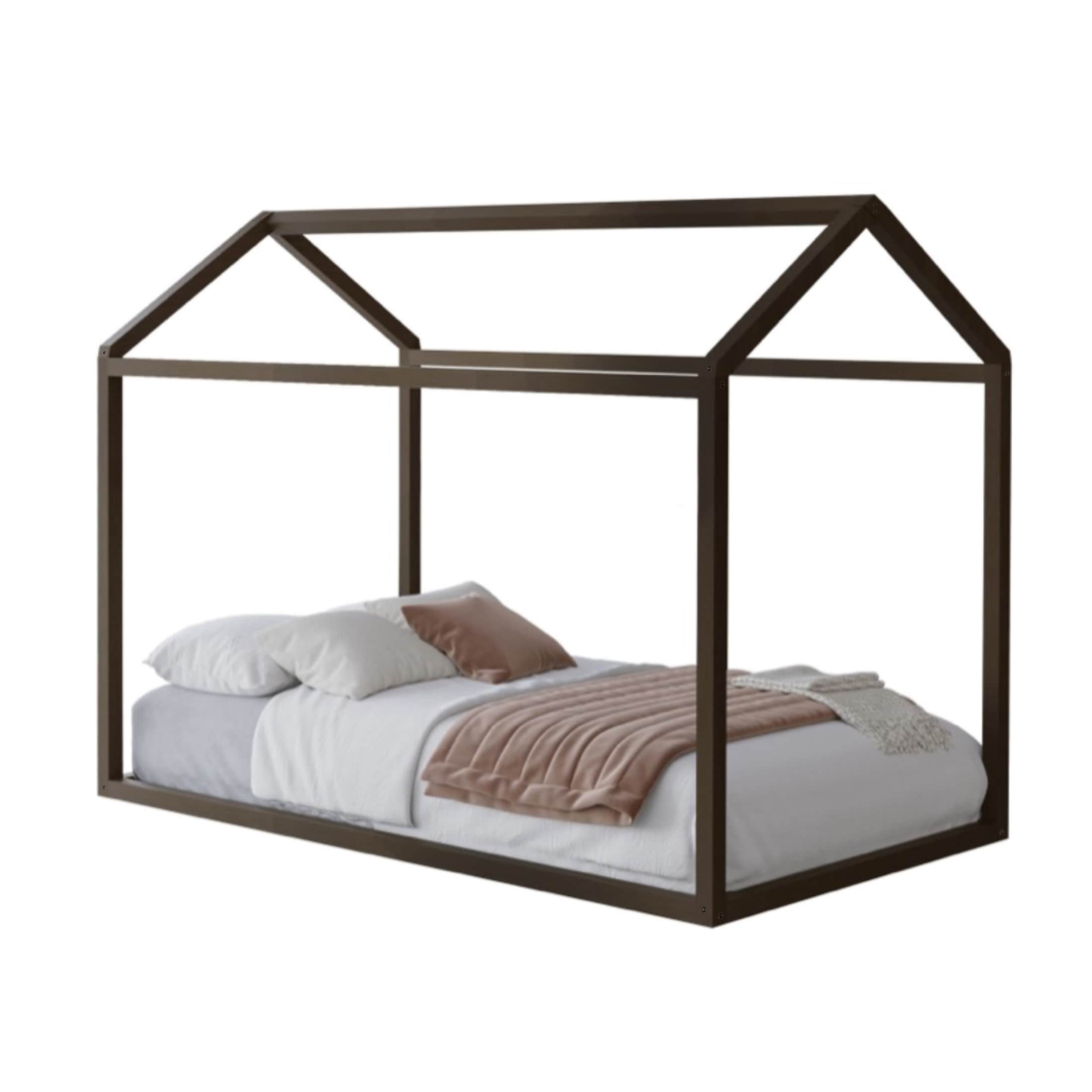 Castle Place Contemporary Wooden Canopy House Kid Twin Bed, Grey