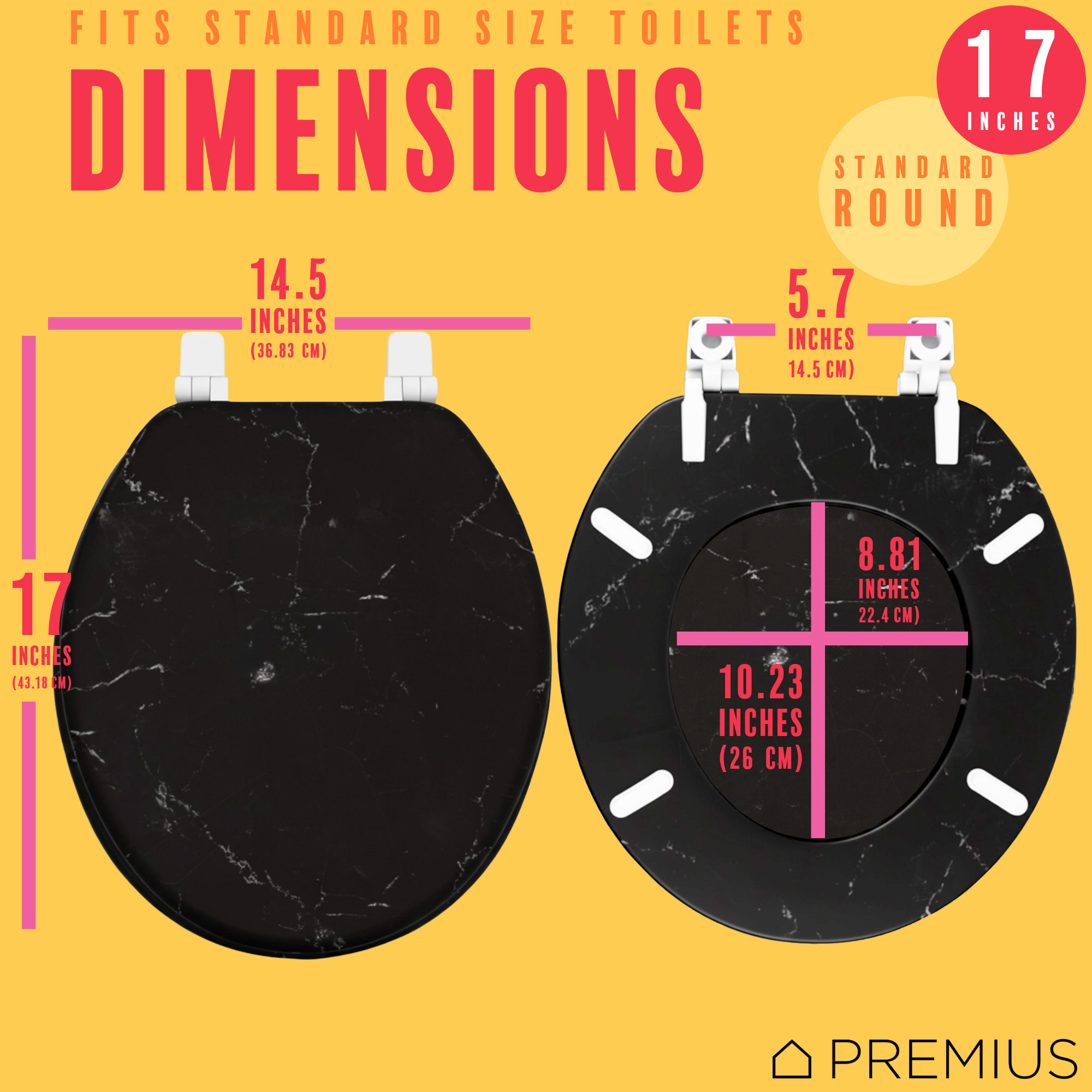 PREMIUS Printed MDF Wood Round Toilet Seat with Plastic Hinges, Black Marble, Standard 17 Inches