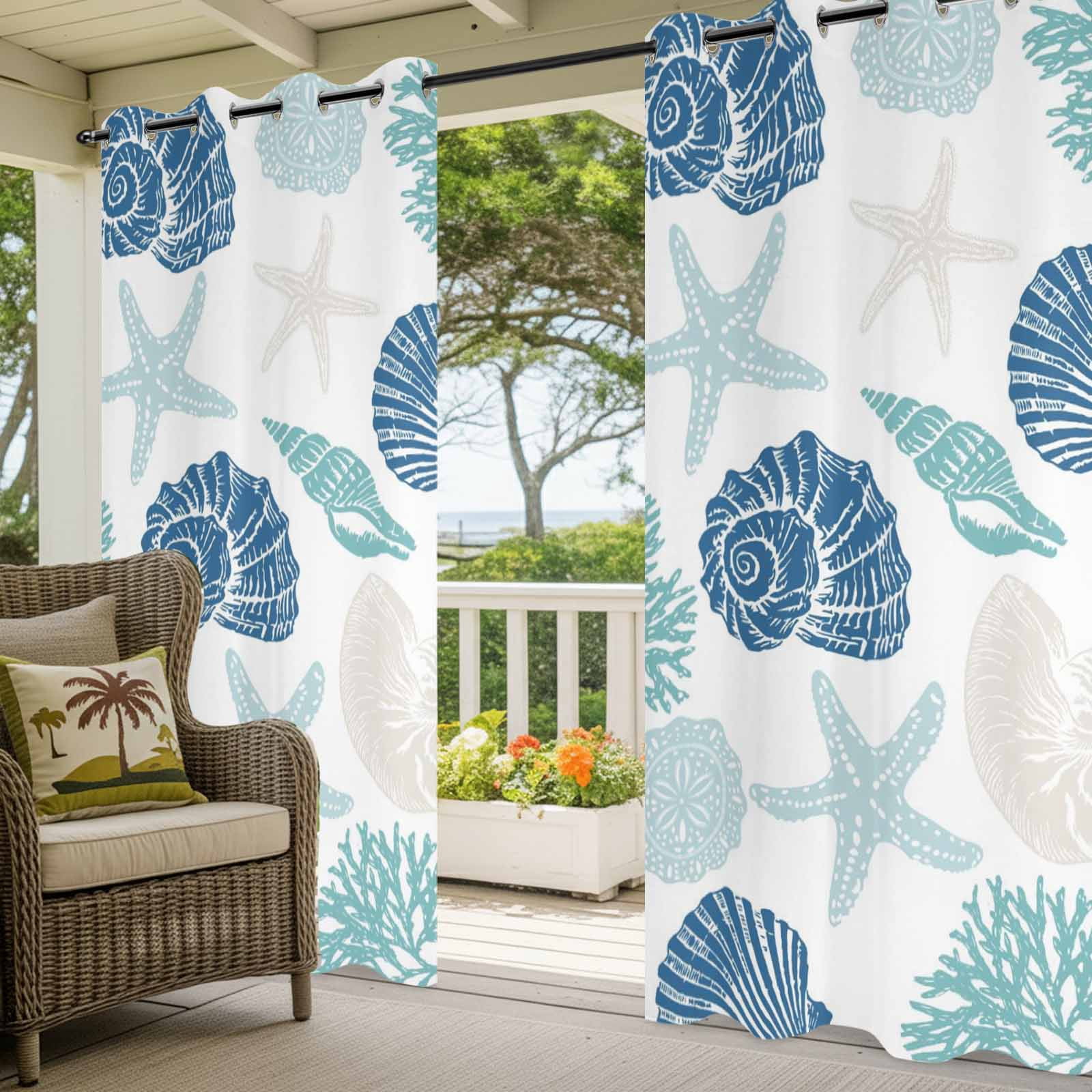Summer Marine Life Outdoor Curtains for Patio, Graffiti Blue Corals Shell Conch Sea Starfish Sunshade Privacy Drapes Grommet Waterproof Outside Curtains for Porch/Cabana/Balcony 54"x 108", 1 Panel