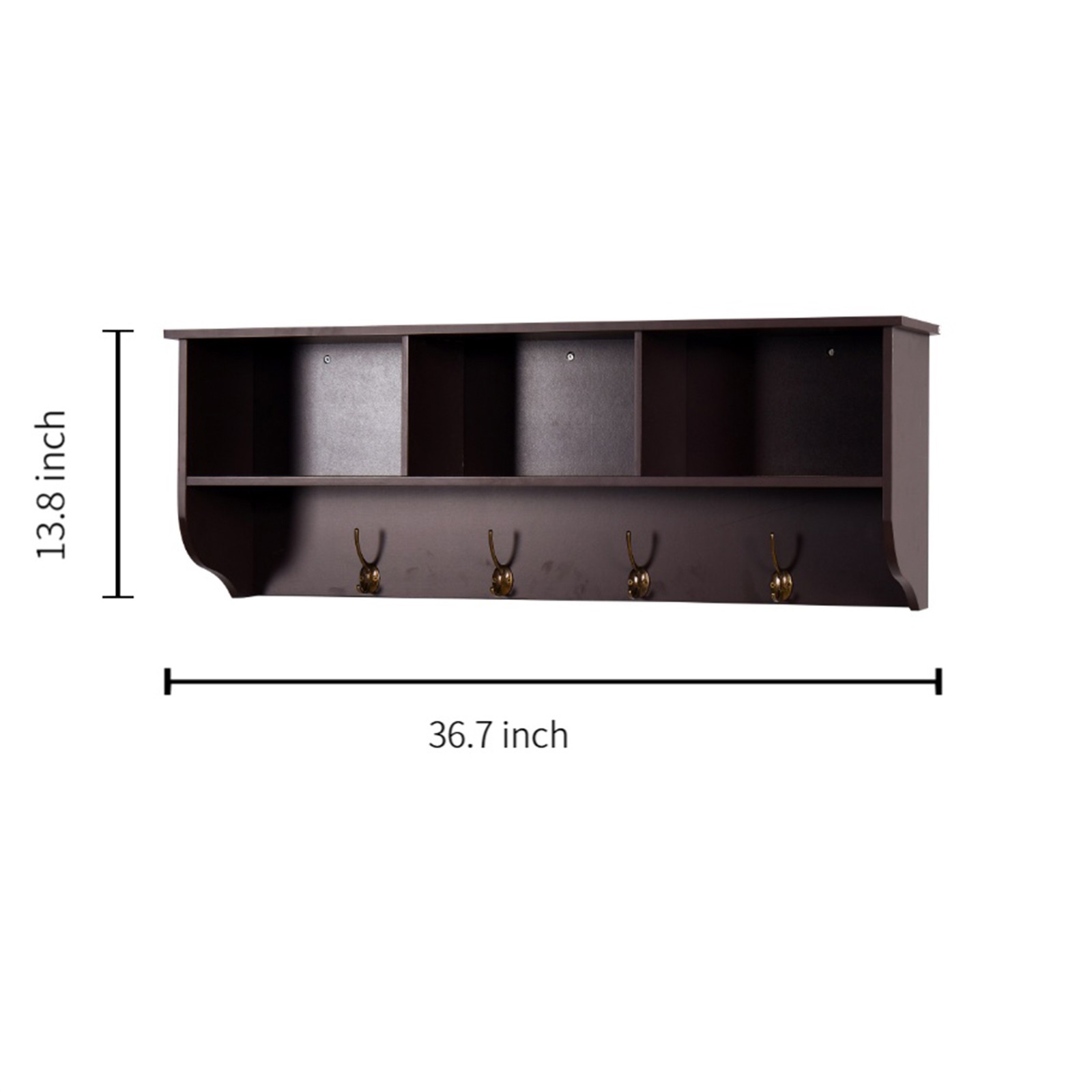 Hommoo Wall-Mounted Storage Cabinet, Hanging Entryway Shelf Coat Rack, 3 Open Shelves& 4 Dual Hooks, Espresso