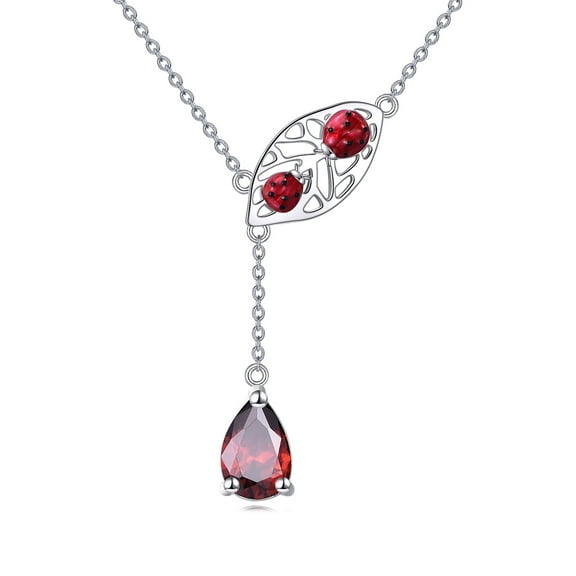 Red Ladybug Leaf Necklace Sterling Silver Red Zircon Gemstone Jewelry Y necklac for Women