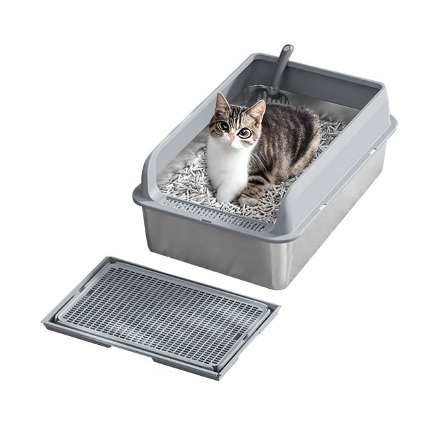 CazToi 8 Inch Deep Stainless Steel Cat Litter Box with Lid Large Non Stick for Big Cats Includes Litter Mat Scoop Easy Clean Black