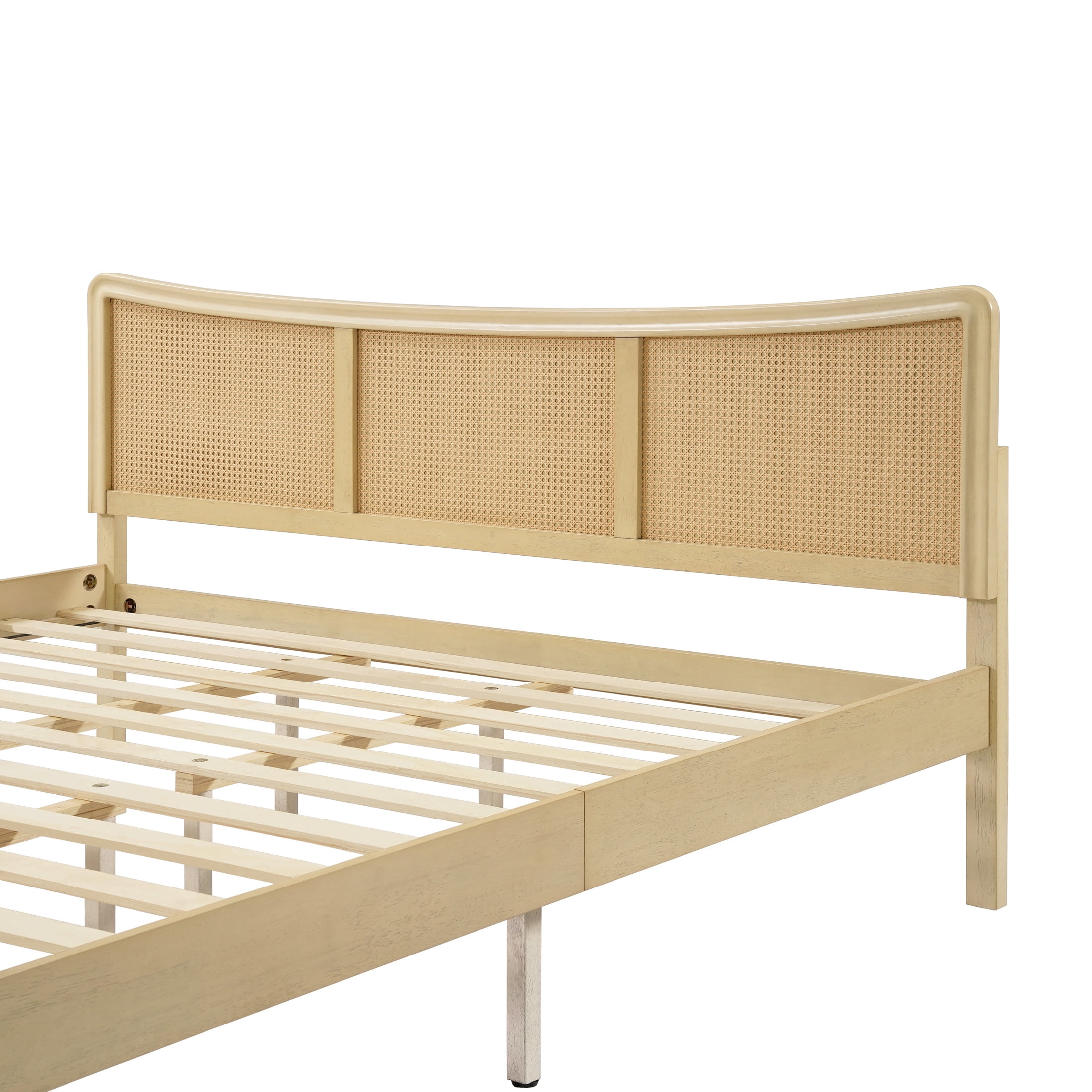 Christopher Knight Home Rattan King Bed Frame with Adjustable Headboard, Solid Wood Frame, Antique White