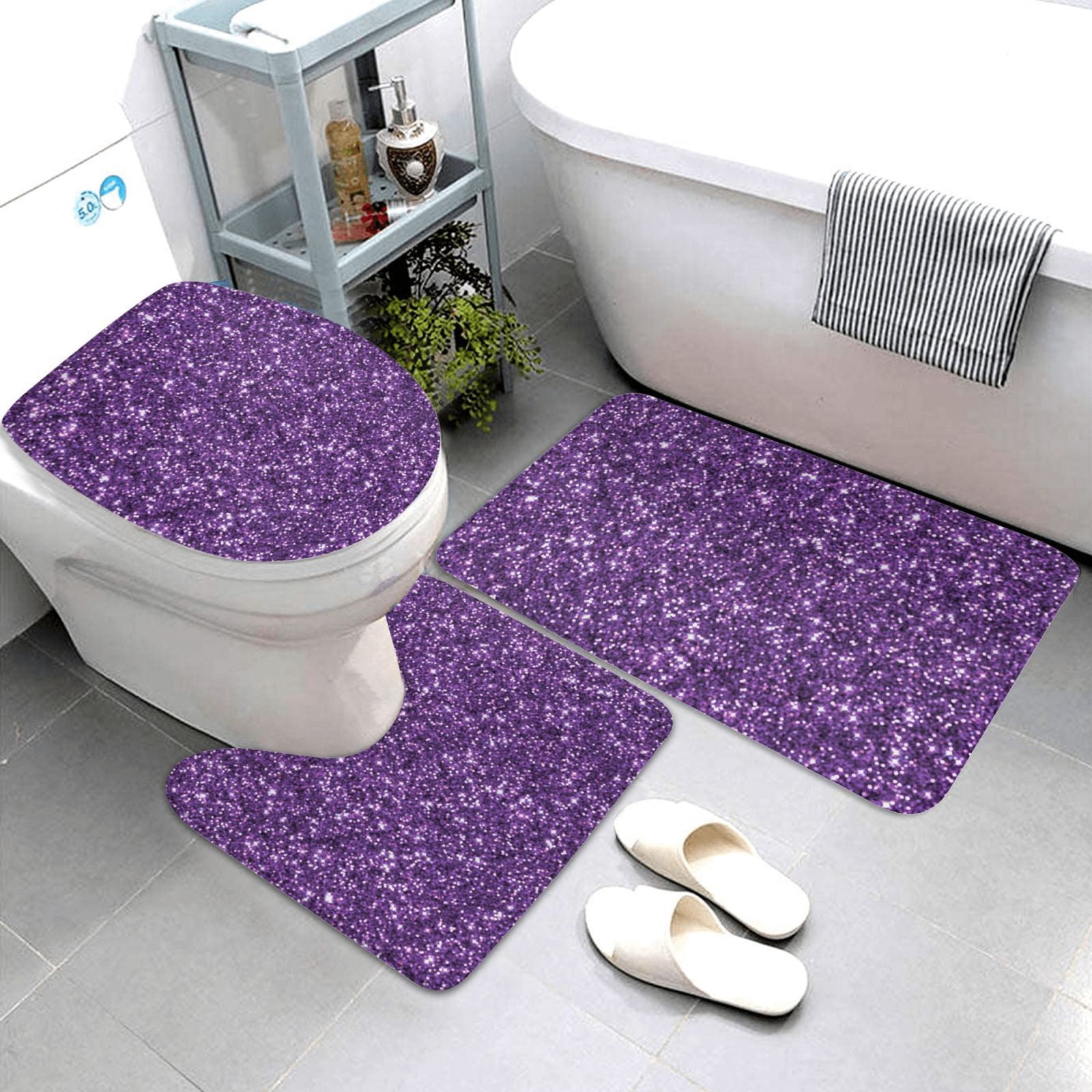 Bathroom Rugs Sets 3 Piece - Purple Glitter Absorbent Non Slip Bath Mats, U-Shape Toilet Lid Cover, Contour Mat, Soft Washable Shower Mats Bath Rug Mat for Bathroom Tub Toilet