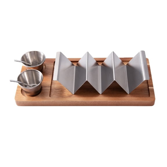 3-in-1 Taco Holder Kit – Stainless Steel Tortilla Rack   Bamboo Server with 2 Cups & Spoon, Street Food Stand for Party, Cinco de Mayo