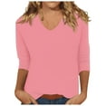 thumbnail image 1 of Camiseta básica de verano informal de color liso con cuello en V para mujer - Poliéster, manga 3/4, aberturas laterales - S-XXL, 1 of 2