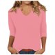 thumbnail image 1 of Camiseta básica de verano informal de color liso con cuello en V para mujer - Poliéster, manga 3/4, aberturas laterales - S-XXL, 1 of 5
